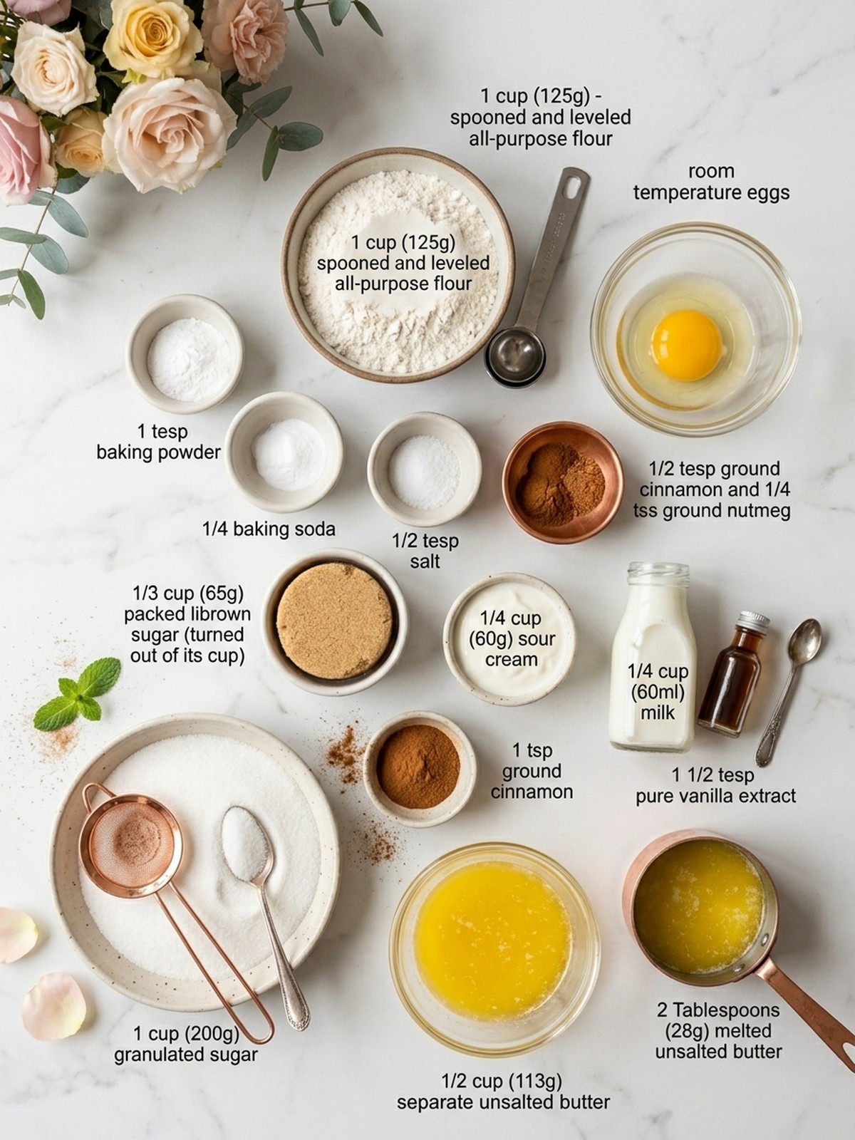 Baked Cinnamon Sugar Donuts ingredients arranged with flour cinnamon butter and donut pan