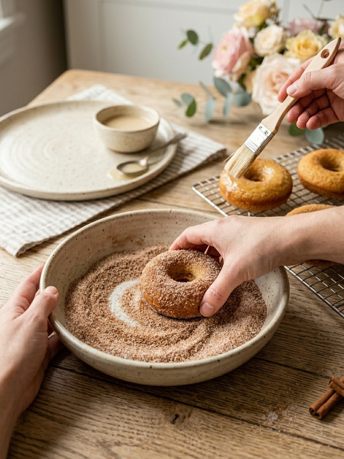 Step by step preparation of Baked Cinnamon Sugar Donuts in a donut pan with cinnamon sugar coating