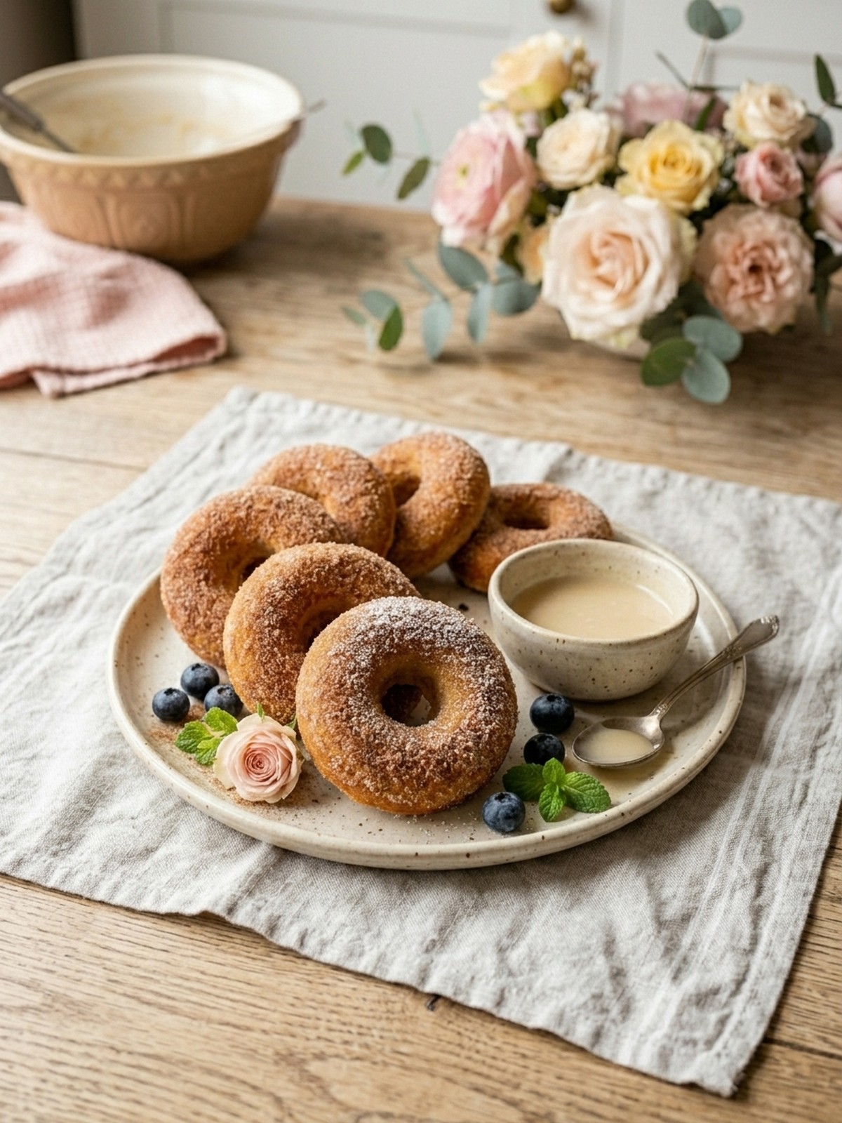 Serving and variation ideas for Baked Cinnamon Sugar Donuts with coffee and extra cinnamon sugar