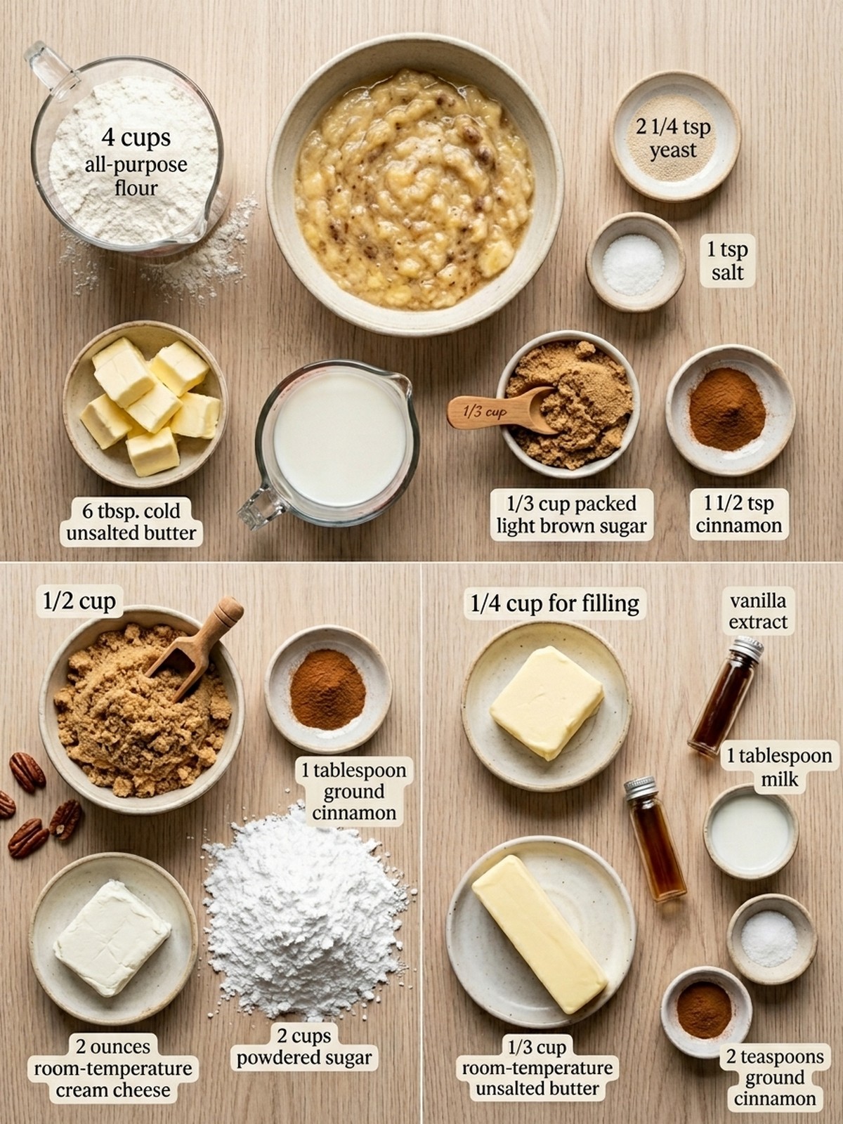 Banana Bread Cinnamon Rolls ingredients with ripe banana flour cinnamon and frosting items