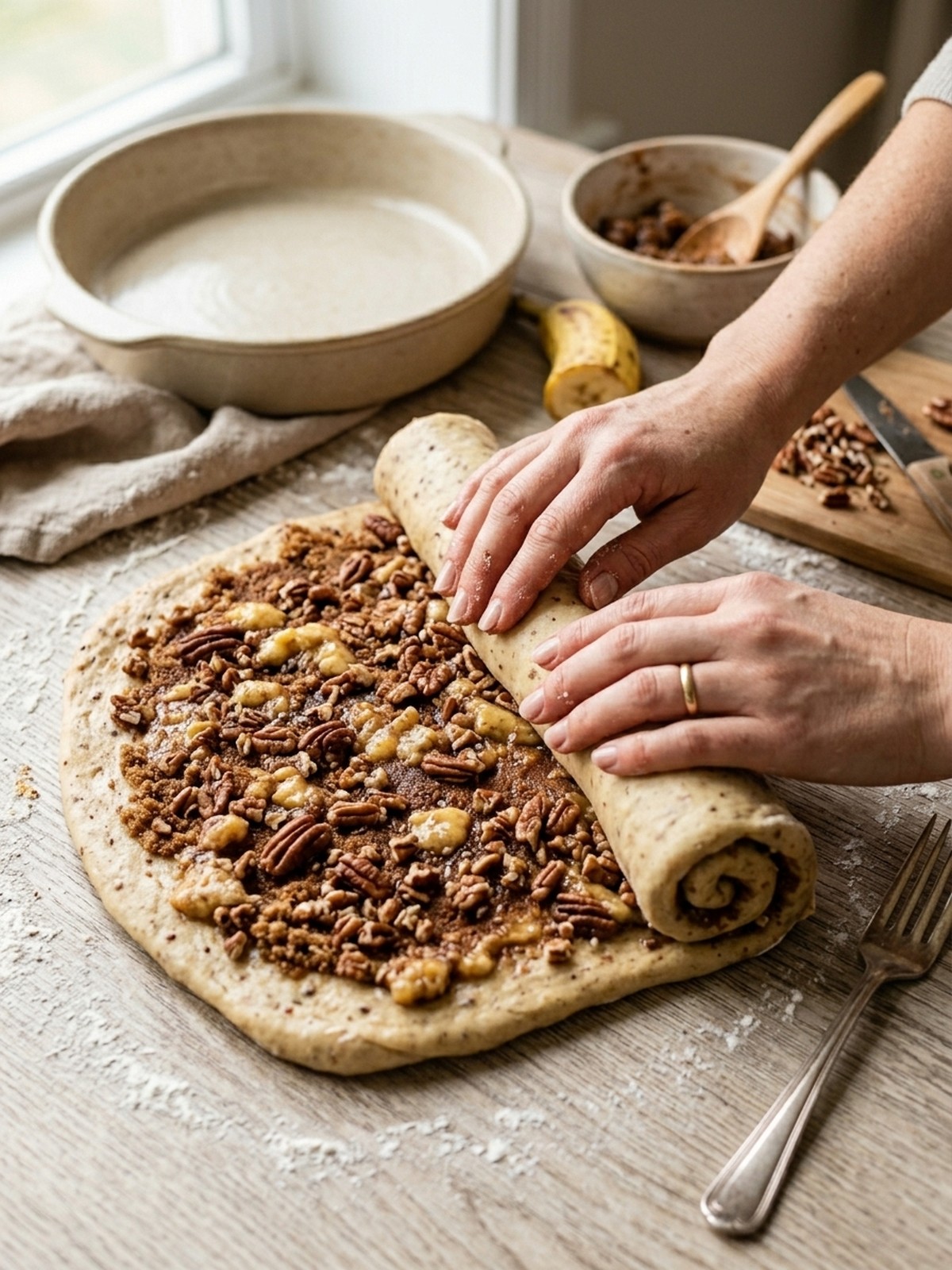 Step by step preparation of Banana Bread Cinnamon Rolls with dough filling and frosting
