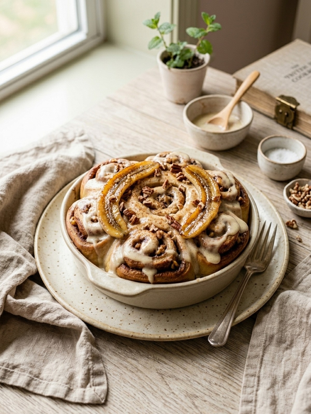 Serving and variation ideas for Banana Bread Cinnamon Rolls with cinnamon frosting