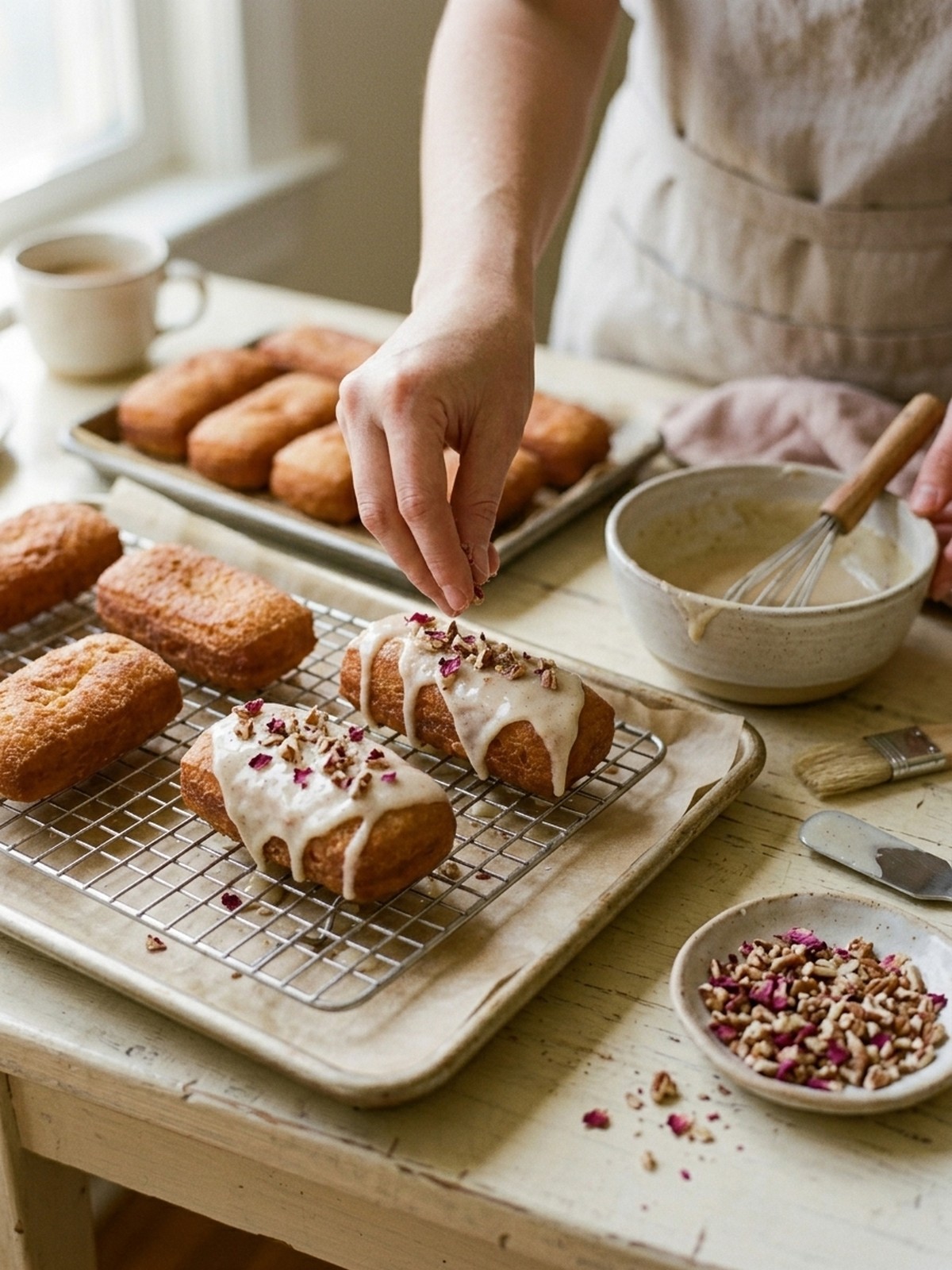 Step by step preparation of Buttermilk Donut Bars being rolled cut fried and dipped in vanilla glaze