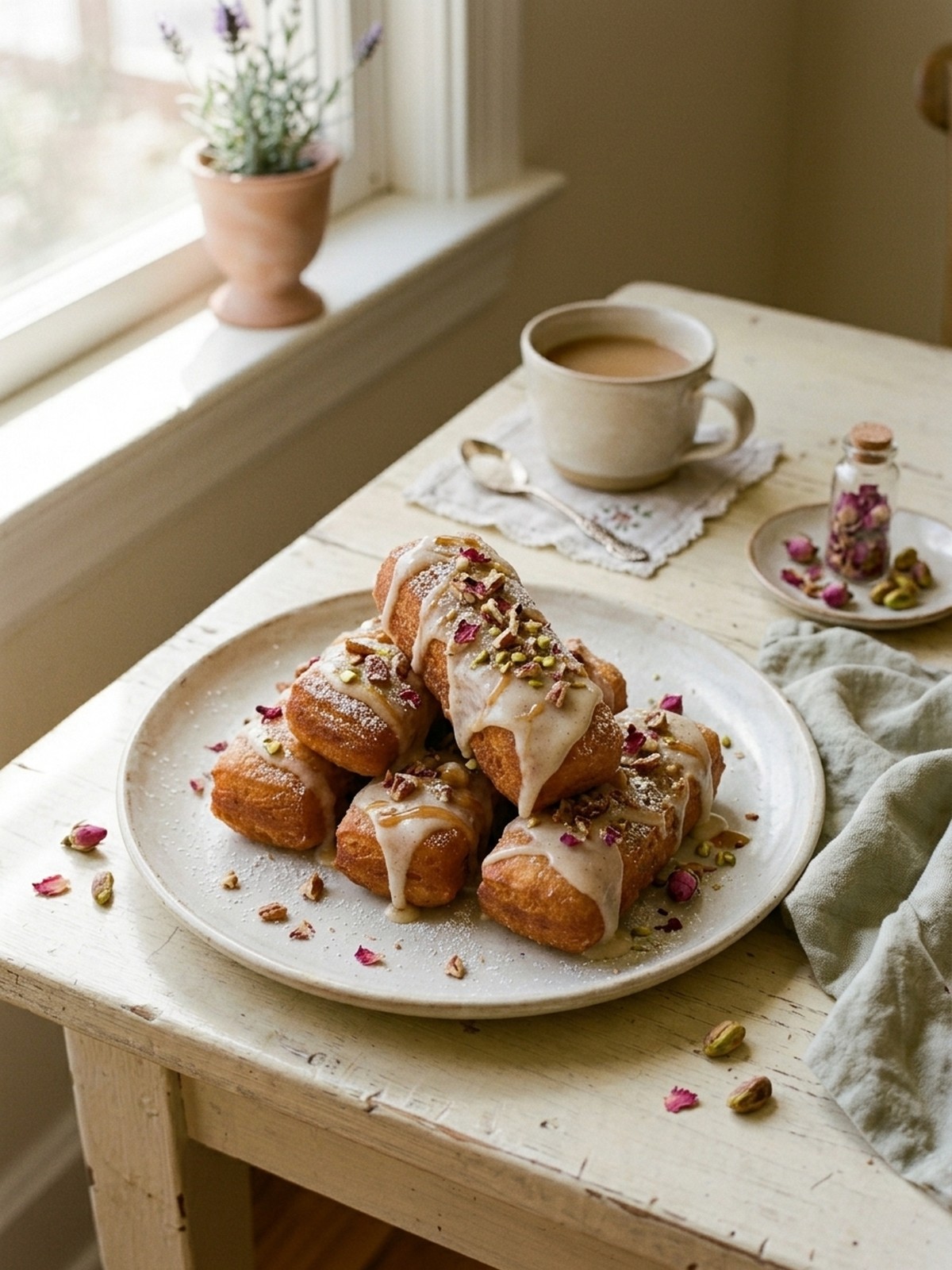 Serving and variation ideas for Buttermilk Donut Bars with vanilla glaze and coffee on a dessert table