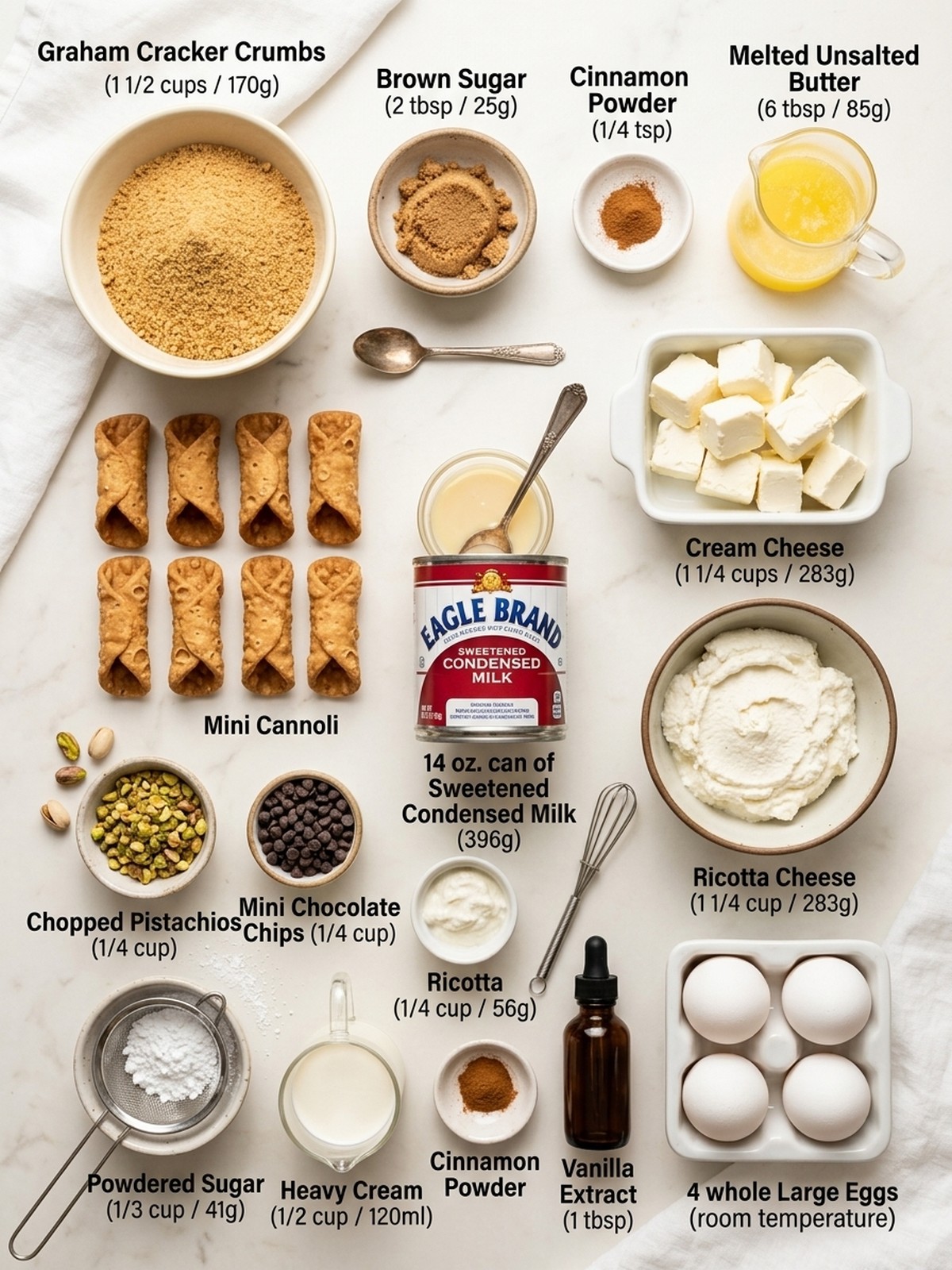 Cannoli Cheesecake ingredients with ricotta cream cheese graham crumbs chocolate chips pistachios and mini cannoli