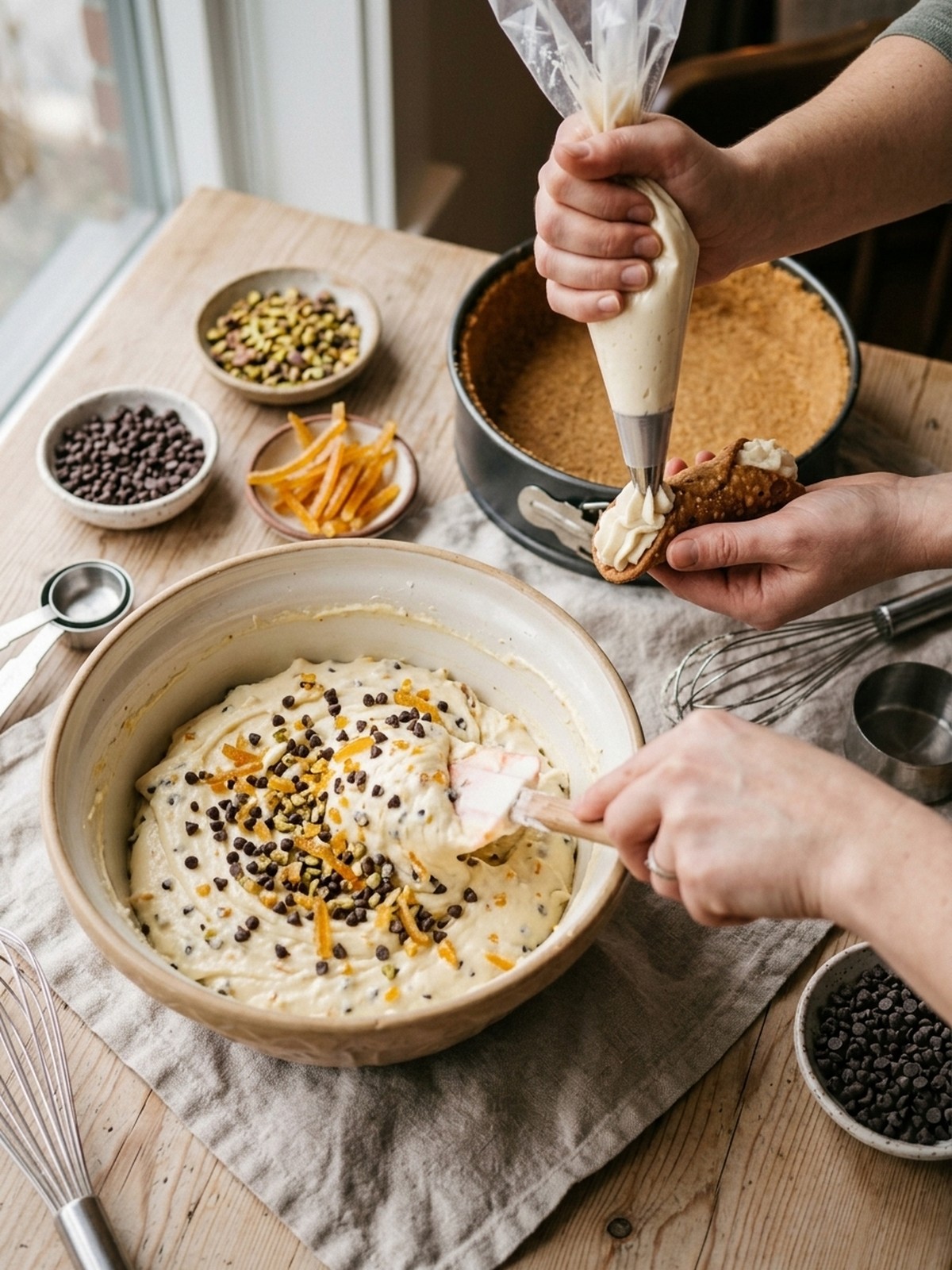 Step by step preparation of Cannoli Cheesecake with creamy filling poured over graham cracker crust