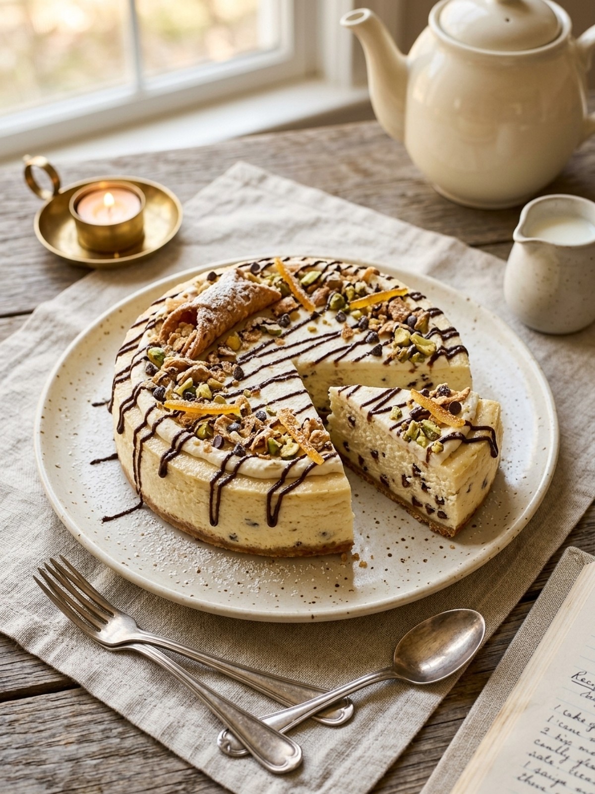Serving and variation ideas for Cannoli Cheesecake with pistachios chocolate chips and mini cannoli topping