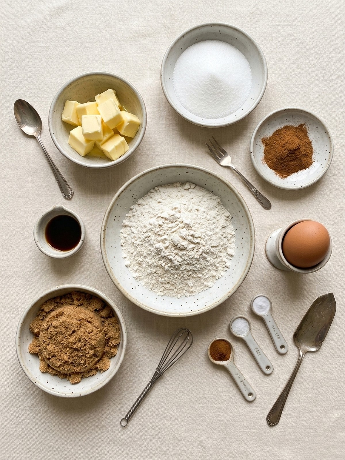Chewy Churro Cookies ingredients arranged with cinnamon sugar and butter for baking