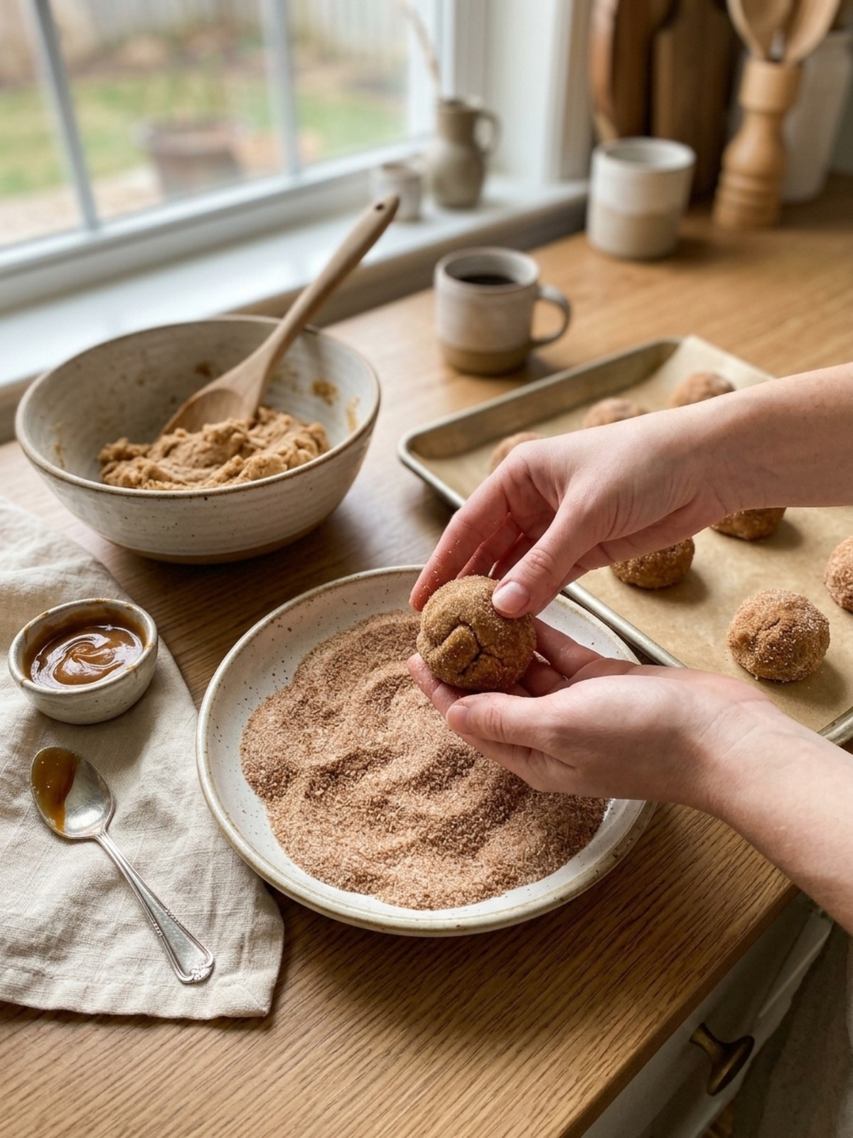 Step by step preparation of Chewy Churro Cookies rolled in cinnamon sugar