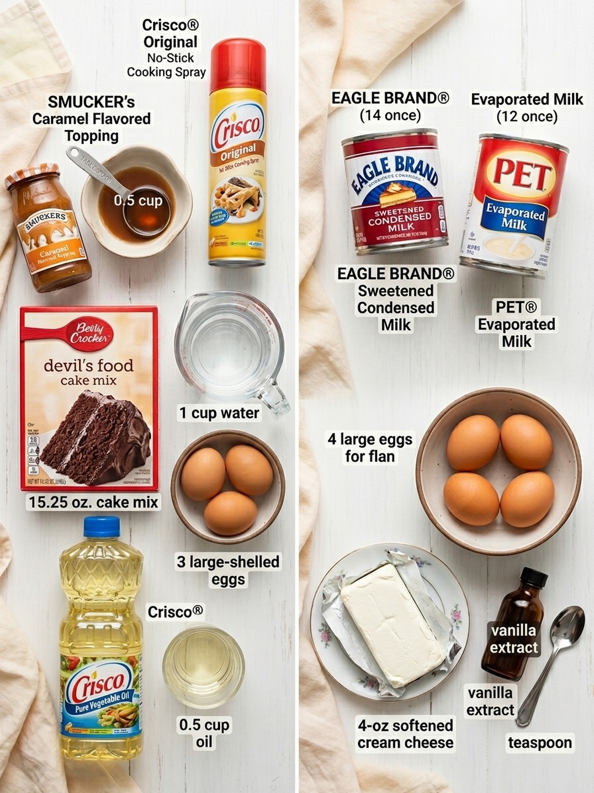 Chocolade Flan Cake Recipe ingredients arranged with caramel, cake mix, eggs, and milk for baking