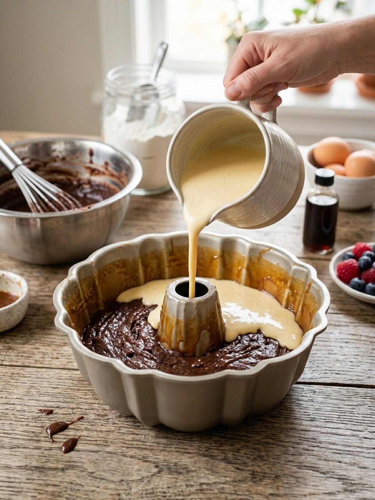 Step by step preparation of Chocolade Flan Cake Recipe with chocolate batter and creamy flan layer