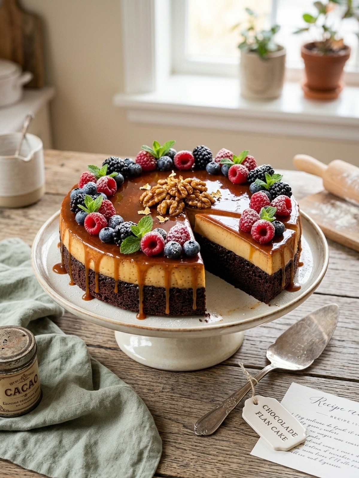 Serving and variation ideas for Chocolade Flan Cake Recipe with caramel topping and chocolate cake slices
