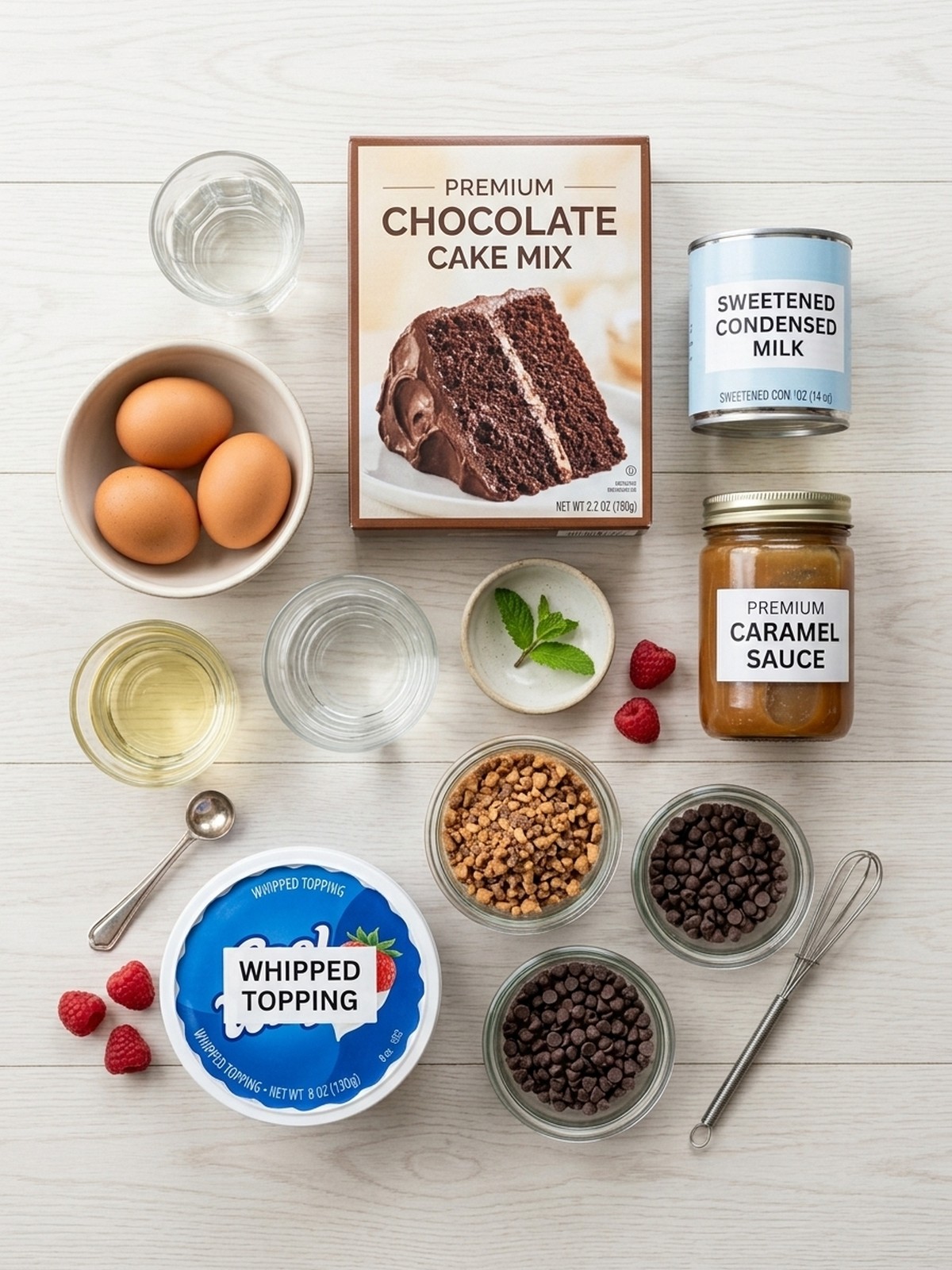 Chocolate Caramel Toffee Crunch Cake ingredients arranged for baking