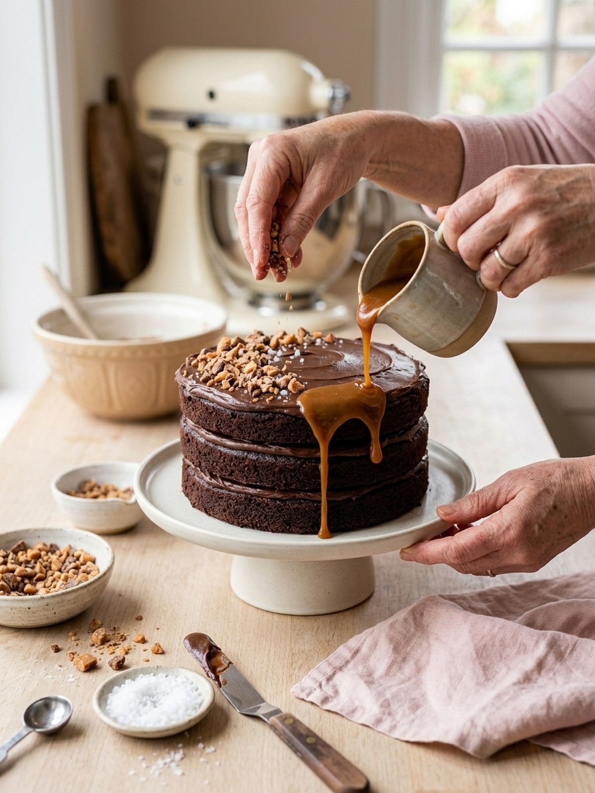 Step by step preparation of Chocolate Caramel Toffee Crunch Cake