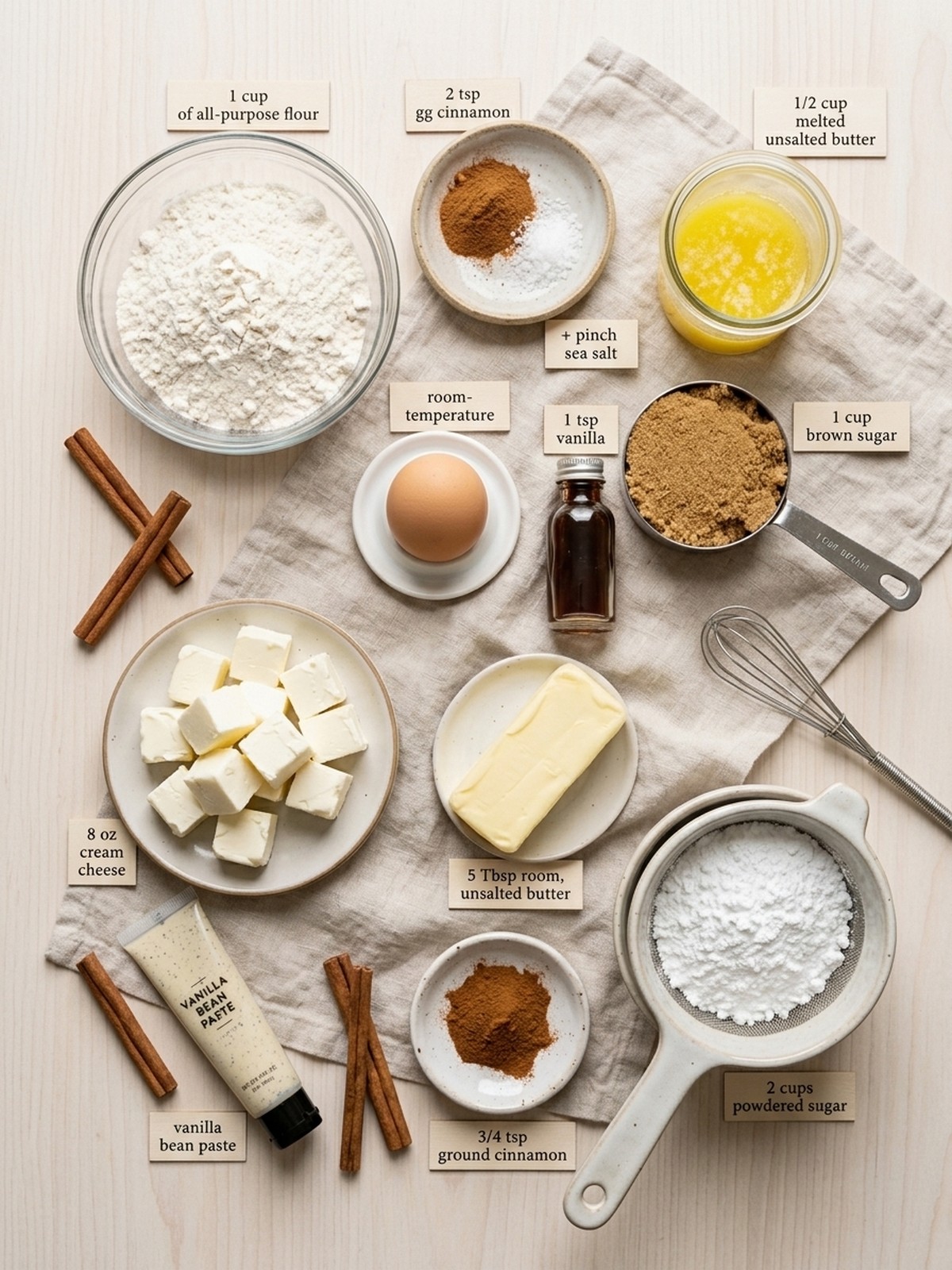 Cinnamon Roll Bars ingredients with cinnamon brown sugar butter and cream cheese frosting ingredients arranged for baking