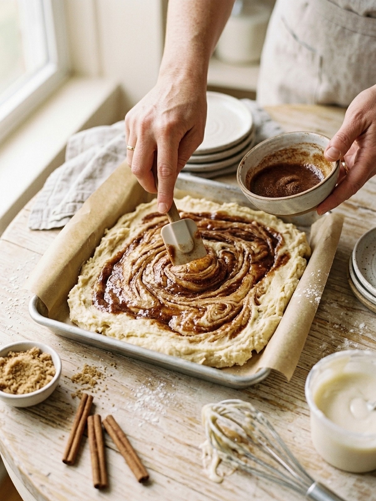Step by step preparation of Cinnamon Roll Bars with batter in pan and creamy frosting spread on top