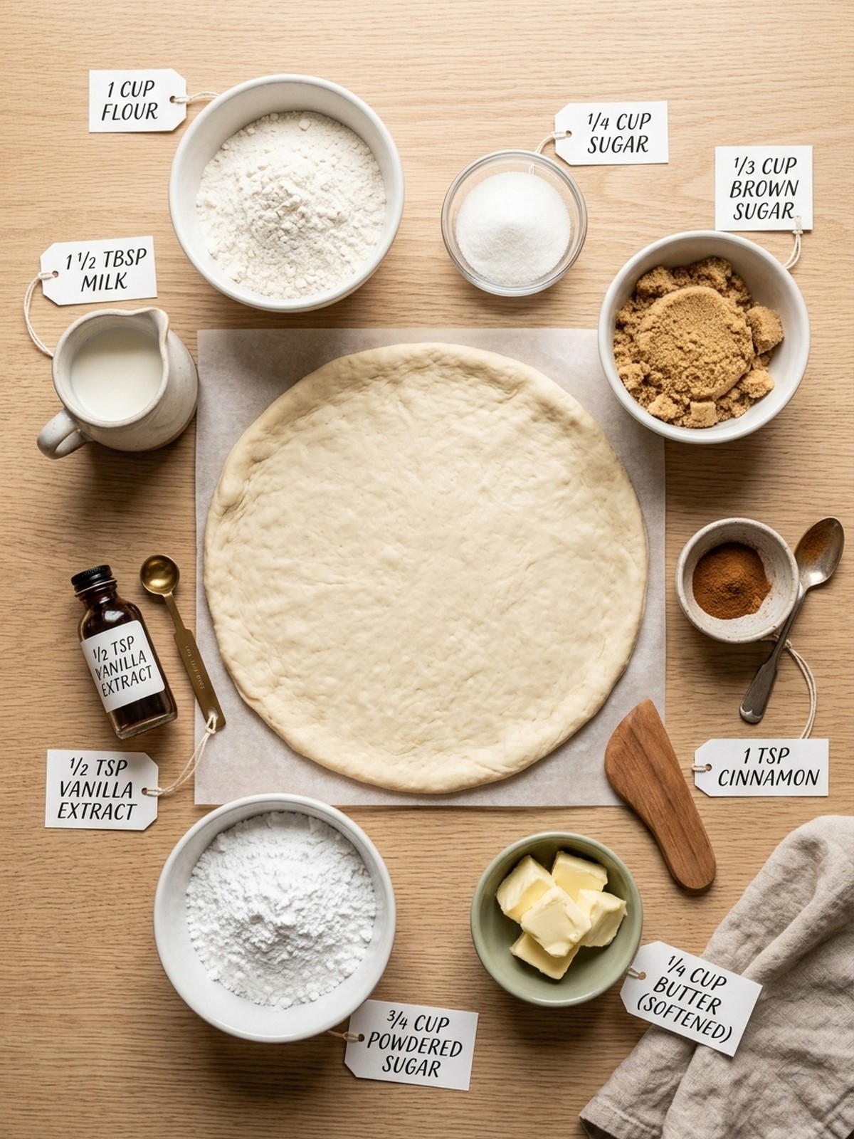 Cinnamon Sugar Pizza ingredients with pizza crust cinnamon sugar butter and vanilla glaze