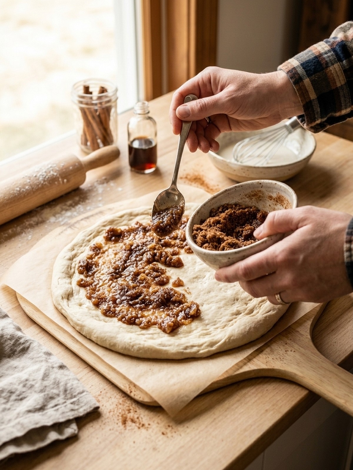 Step by step preparation of Cinnamon Sugar Pizza with crumble topping and glaze