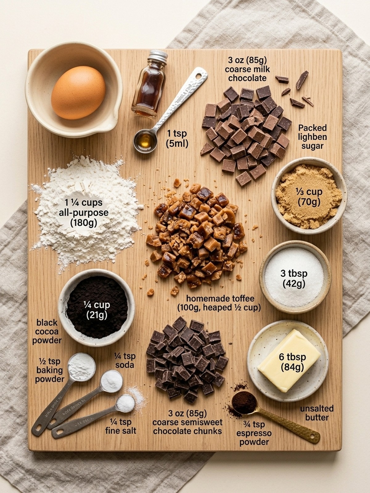 Coffee Toffee Cookies ingredients with chopped chocolate espresso powder cocoa and toffee ready for baking