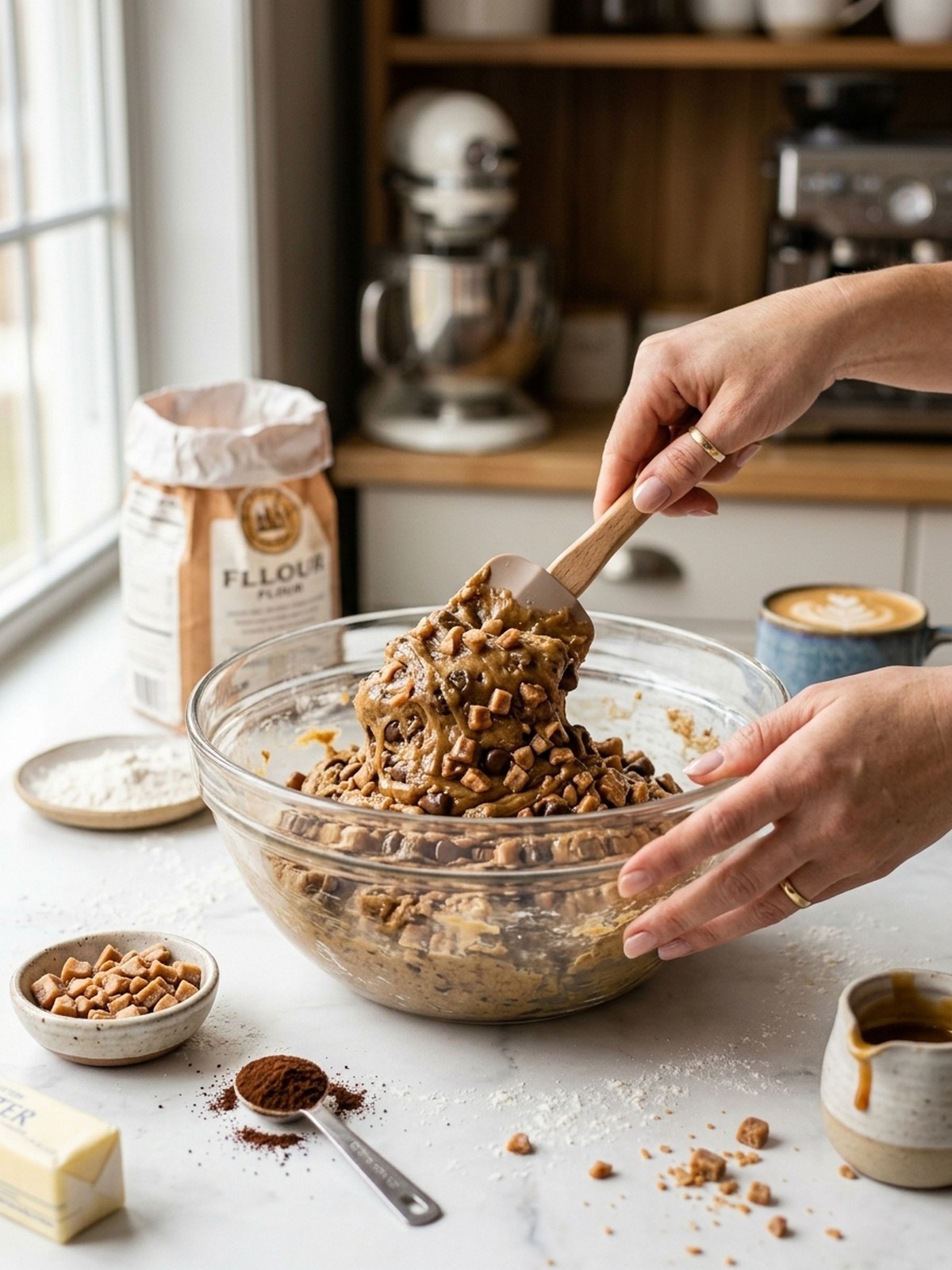 Step by step preparation of Coffee Toffee Cookies with dark cookie dough and chopped toffee