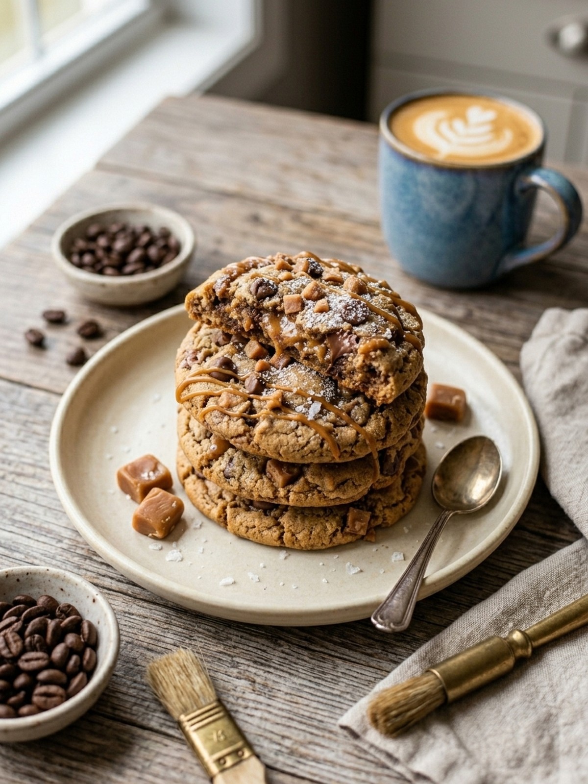 Serving and variation ideas for Coffee Toffee Cookies with chocolate chunks and caramel toffee pieces
