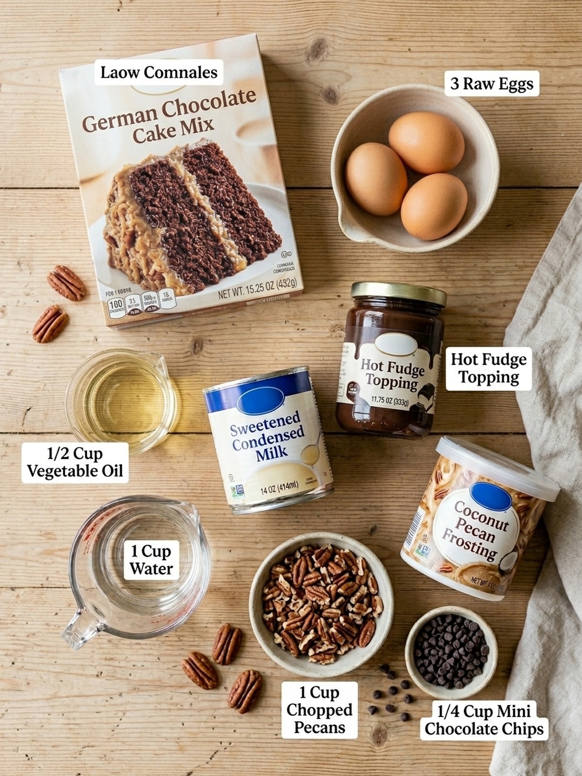 German Chocolate Poke Cake ingredients with chocolate cake mix condensed milk fudge frosting pecans and mini chocolate chips