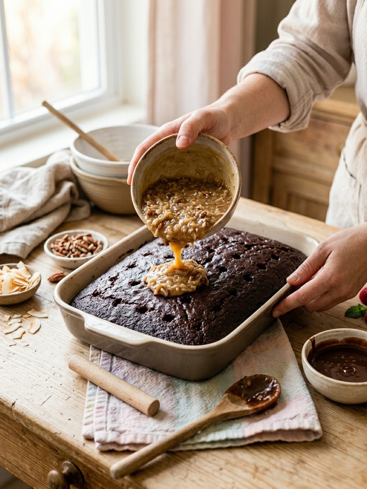 Step by step preparation of German Chocolate Poke Cake with fudge poured into chocolate cake holes