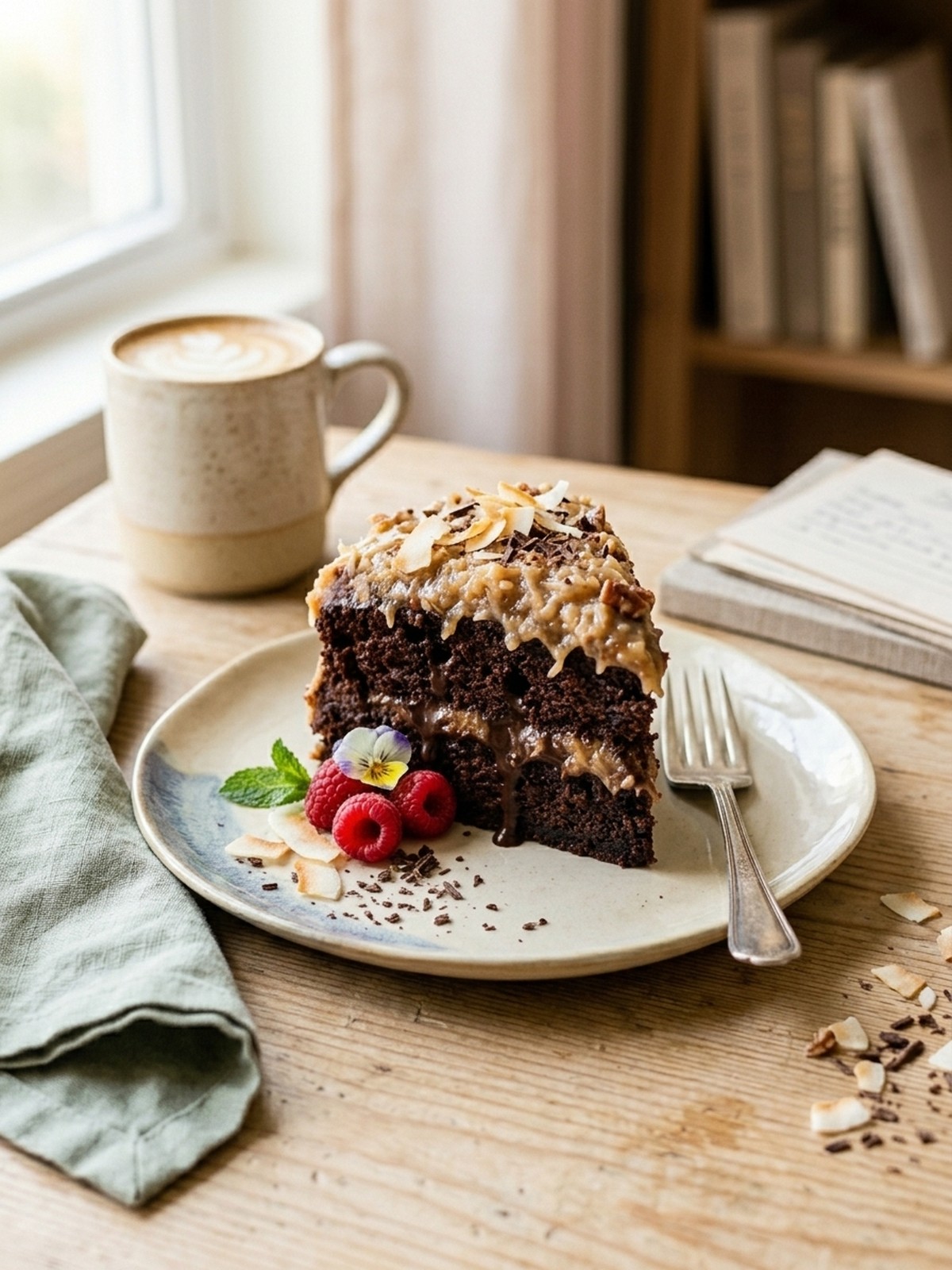 Serving and variation ideas for German Chocolate Poke Cake with coconut pecan frosting and chocolate chips