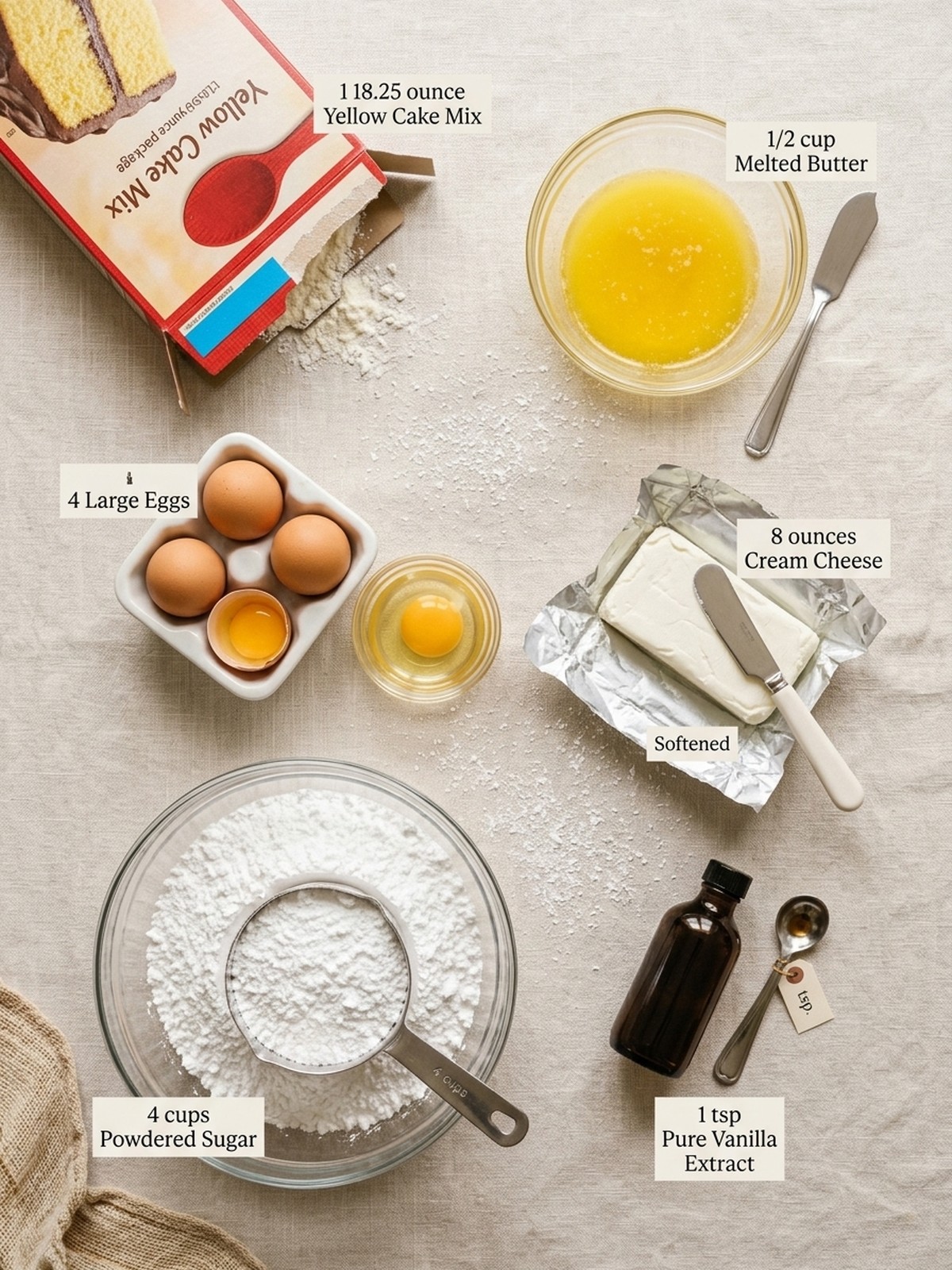 Gooey Butter Bars ingredients arranged with cake mix cream cheese eggs butter powdered sugar and vanilla