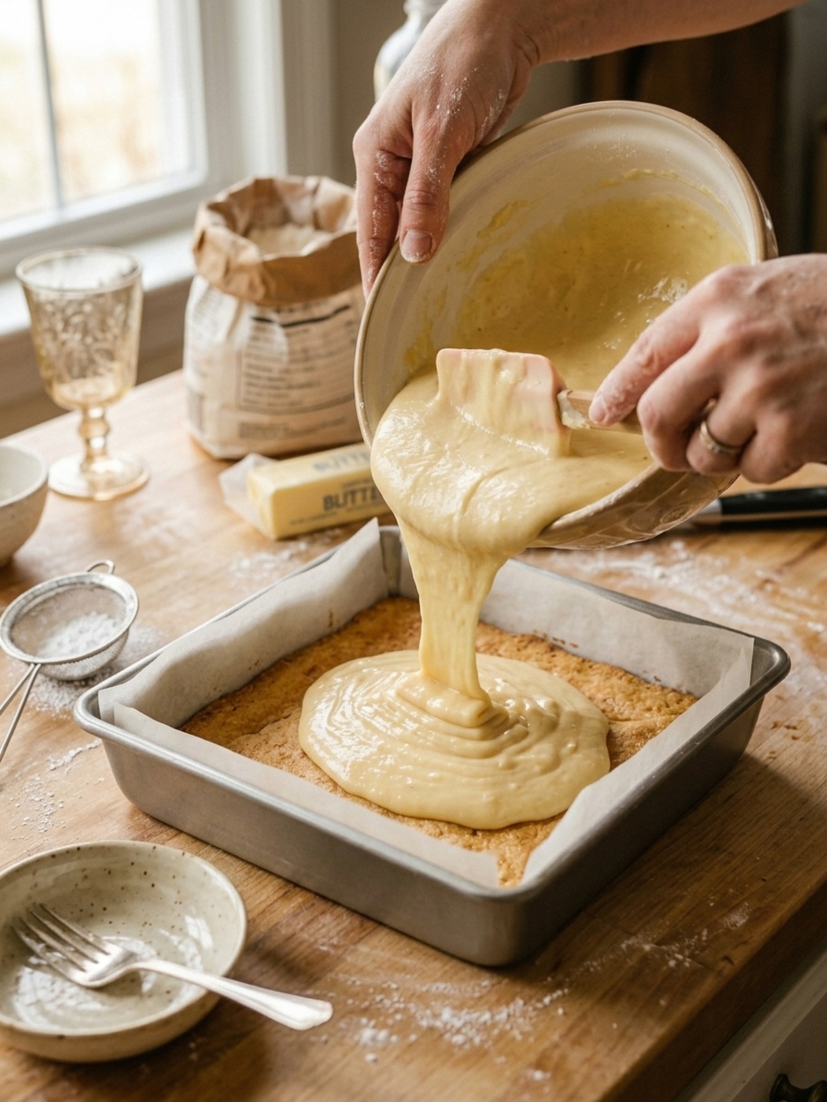 Step by step preparation of Gooey Butter Bars with creamy filling spread over cake mix crust