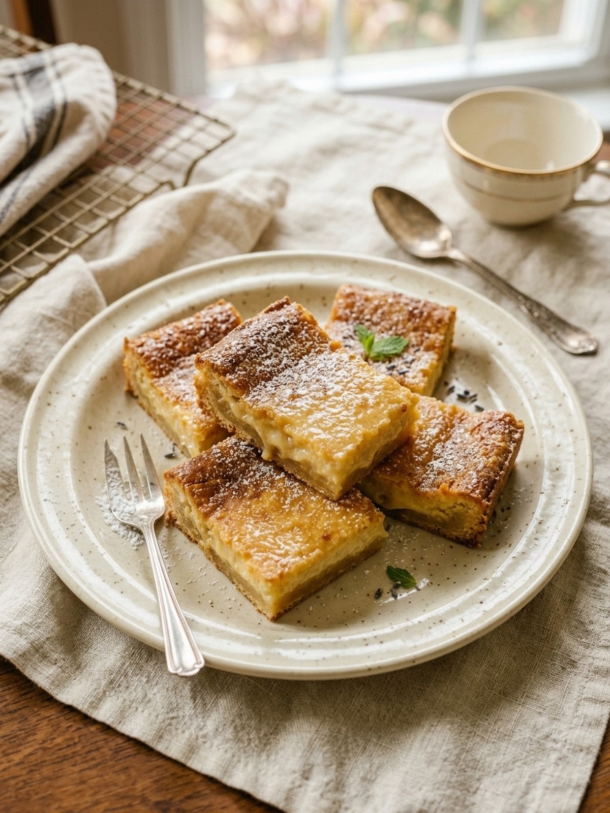 Serving and variation ideas for Gooey Butter Bars sliced into soft cream cheese dessert squares