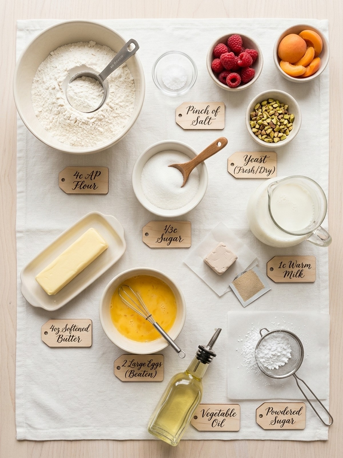 Italian Cream Bombs ingredients arranged with flour yeast butter eggs and powdered sugar