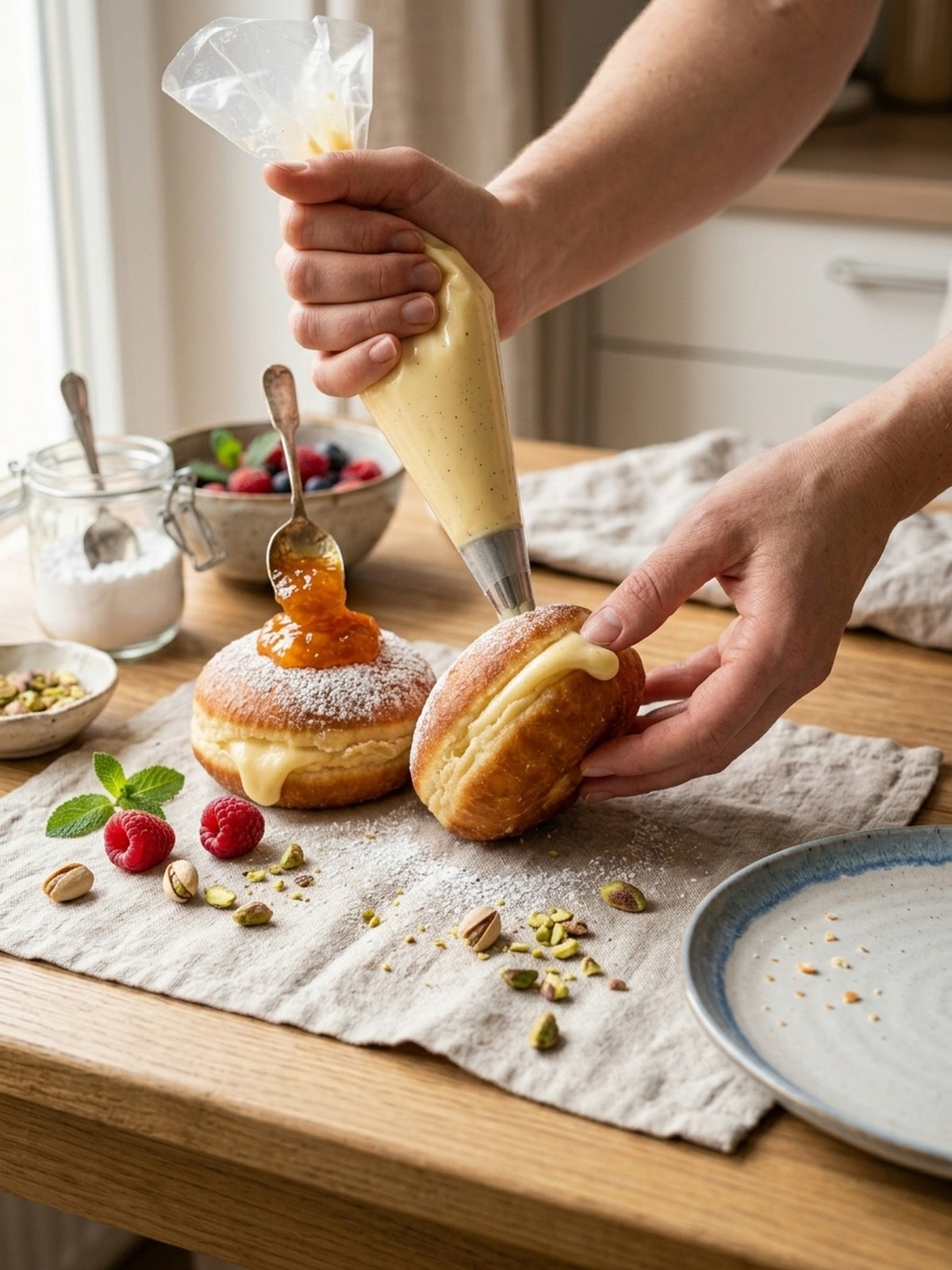 Step by step preparation of Italian Cream Bombs dough being shaped fried and dusted