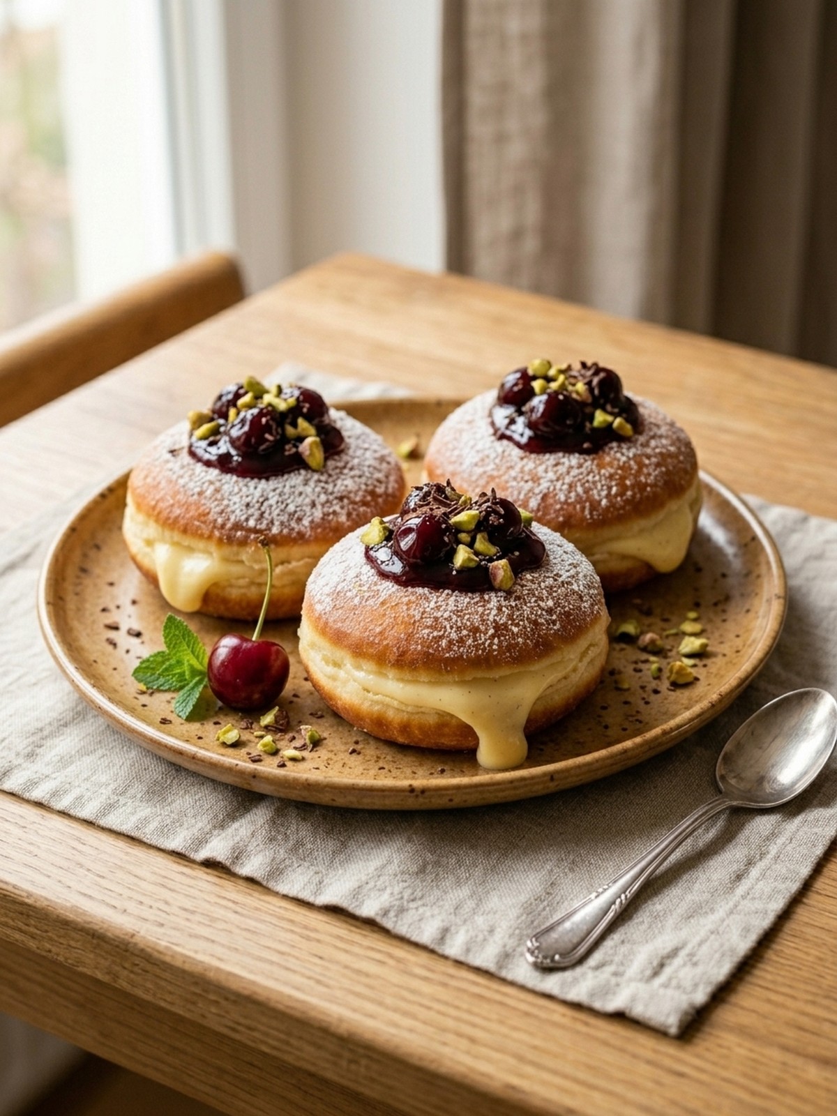 Serving and variation ideas for Italian Cream Bombs with powdered sugar fruit and coffee