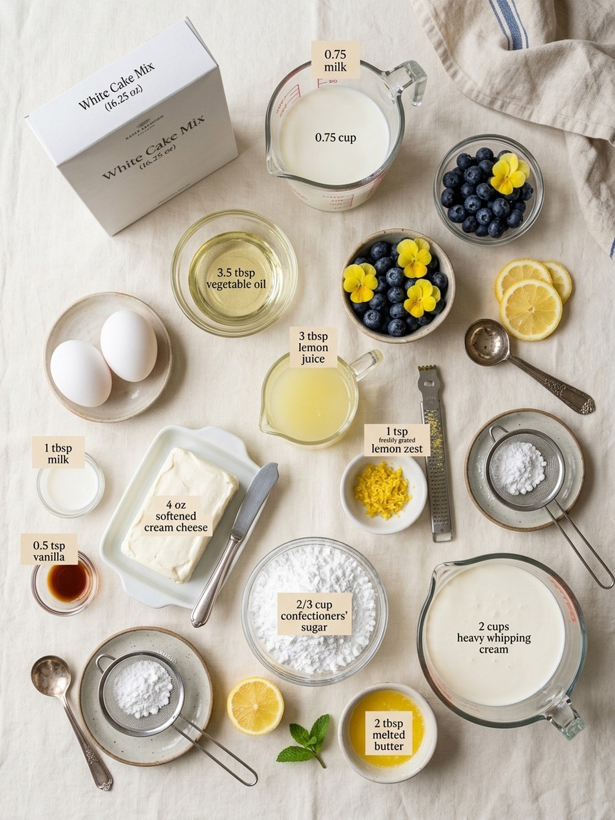Italian Lemon Cream Cake ingredients arranged with lemons cream cheese and cake mix
