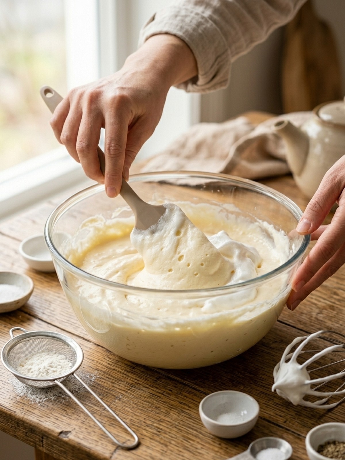 Step by step preparation of Japanese Cheesecake batter folded with meringue and baked in a water bath