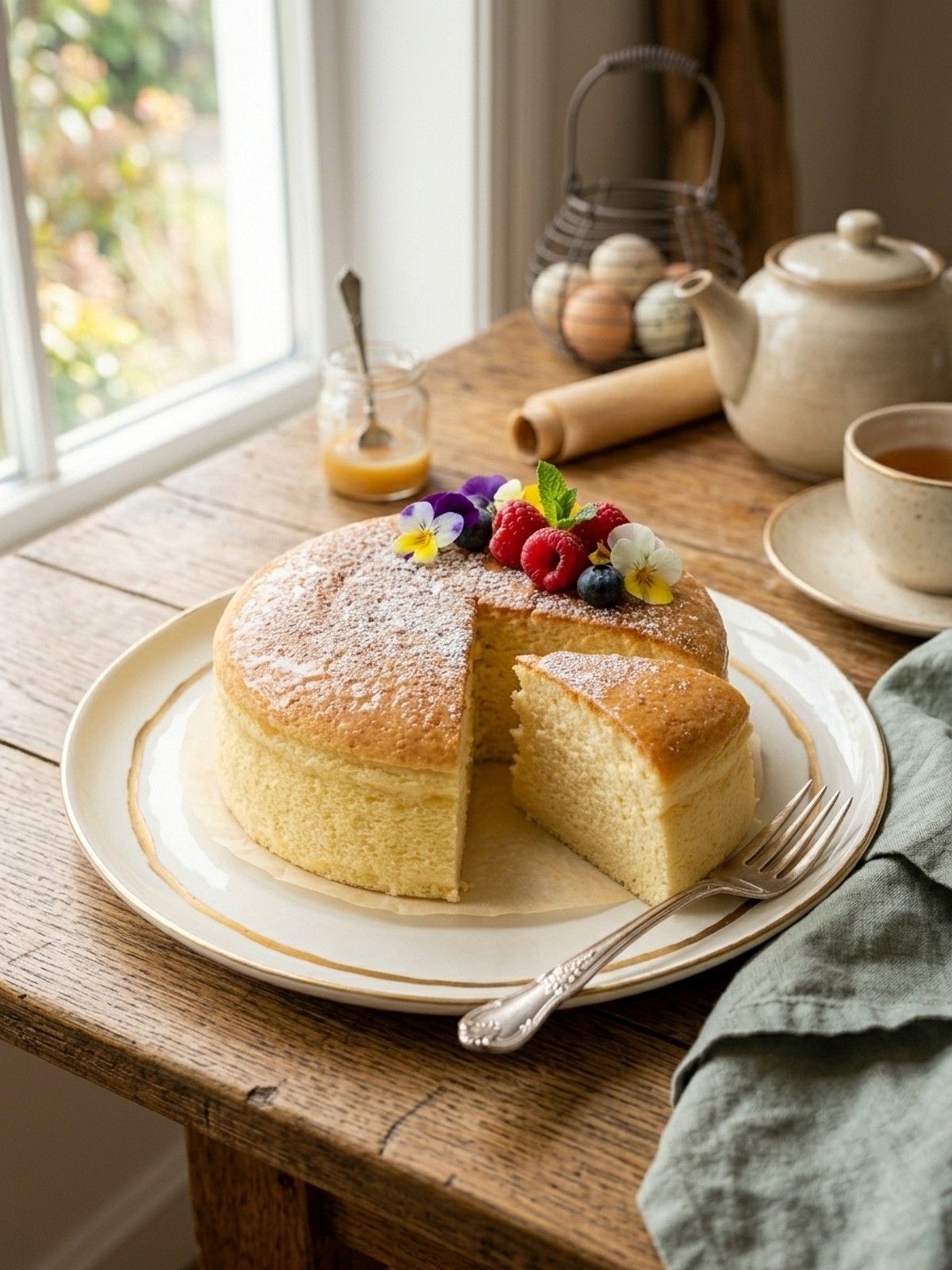 Serving and variation ideas for Japanese Cheesecake with berries powdered sugar and soft cotton cake slices