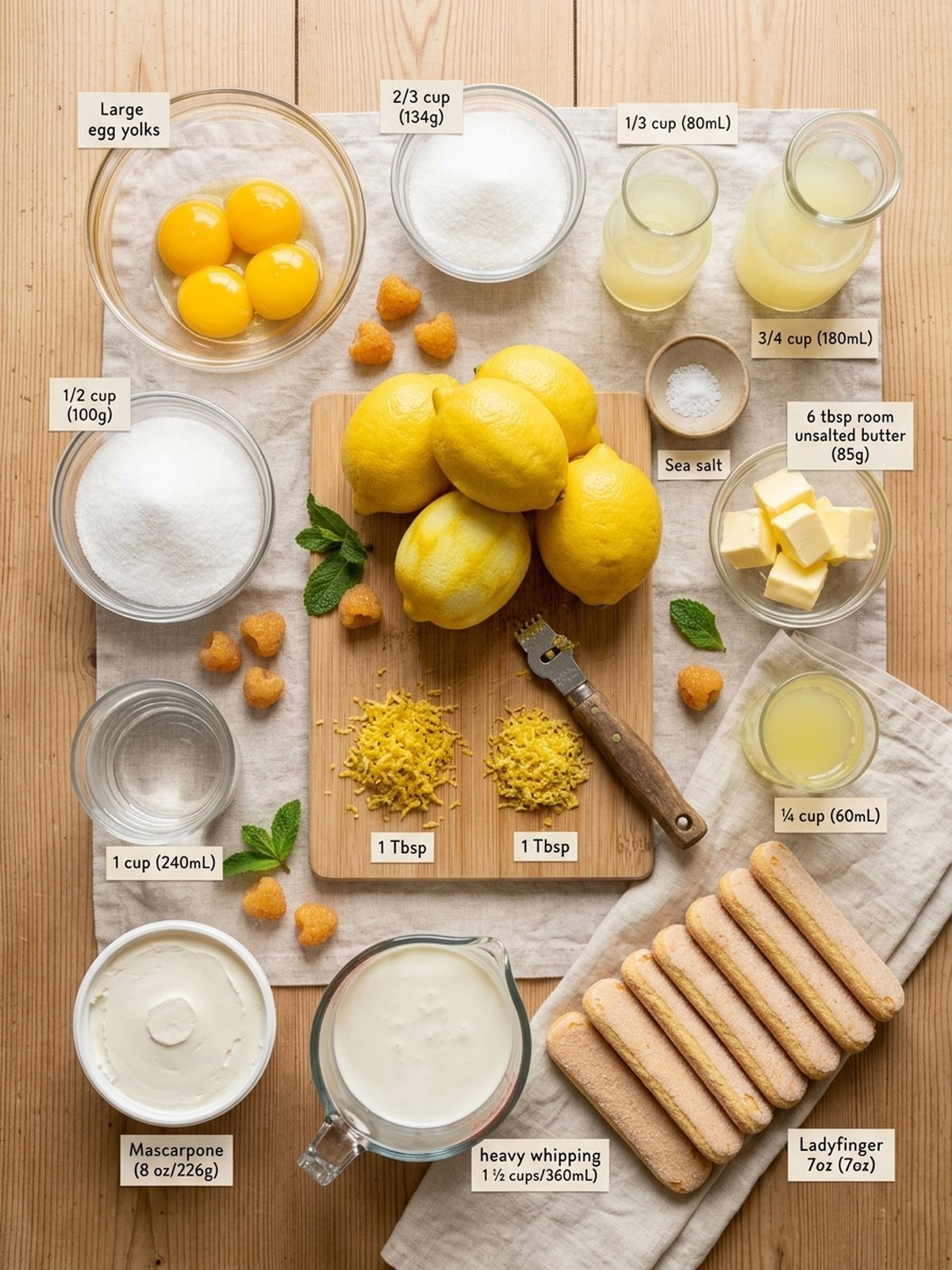 Lemon Tiramisu ingredients with ladyfingers, lemons, mascarpone, cream, and lemon curd