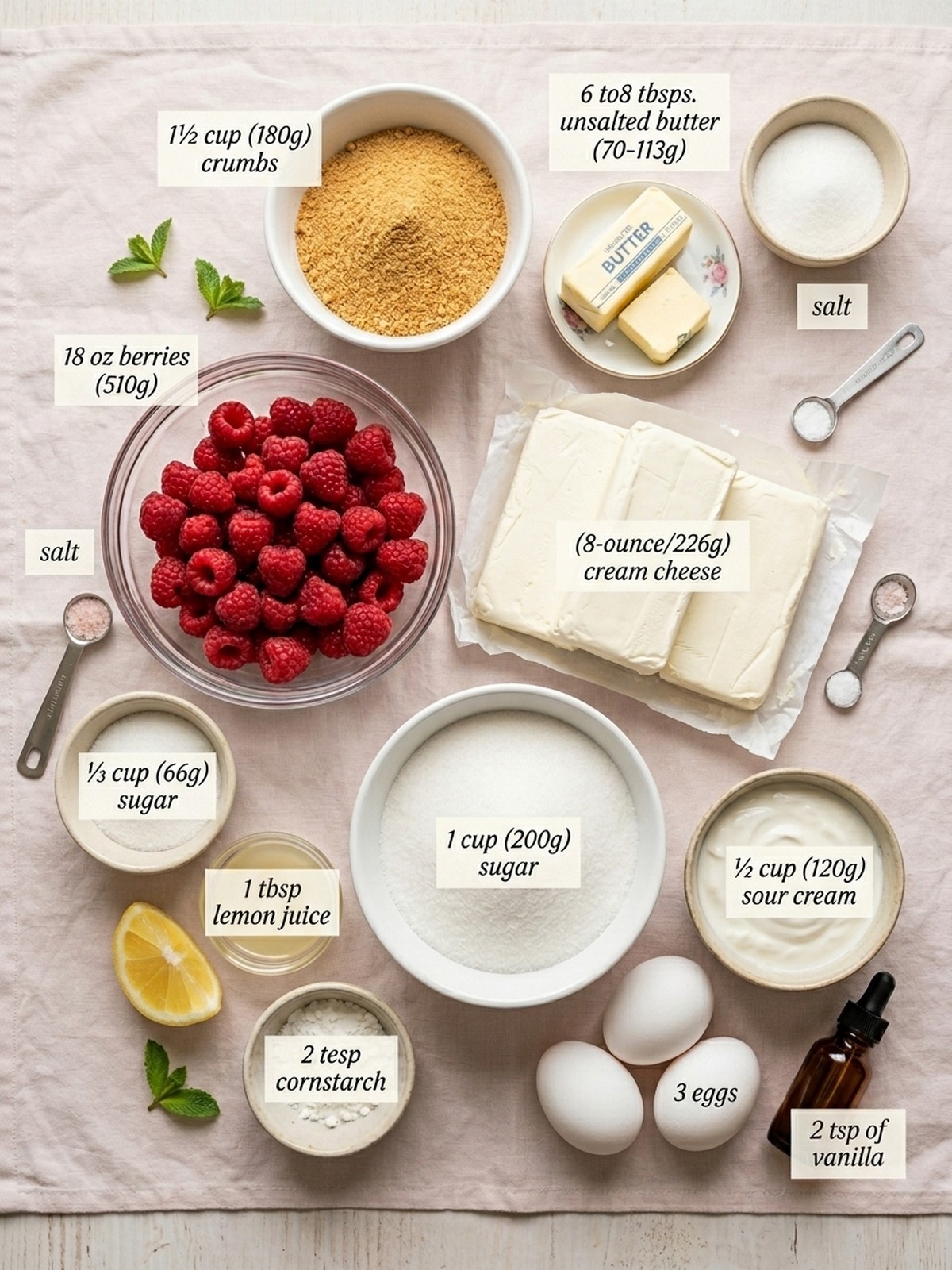 Raspberry Cheesecake ingredients arranged for baking