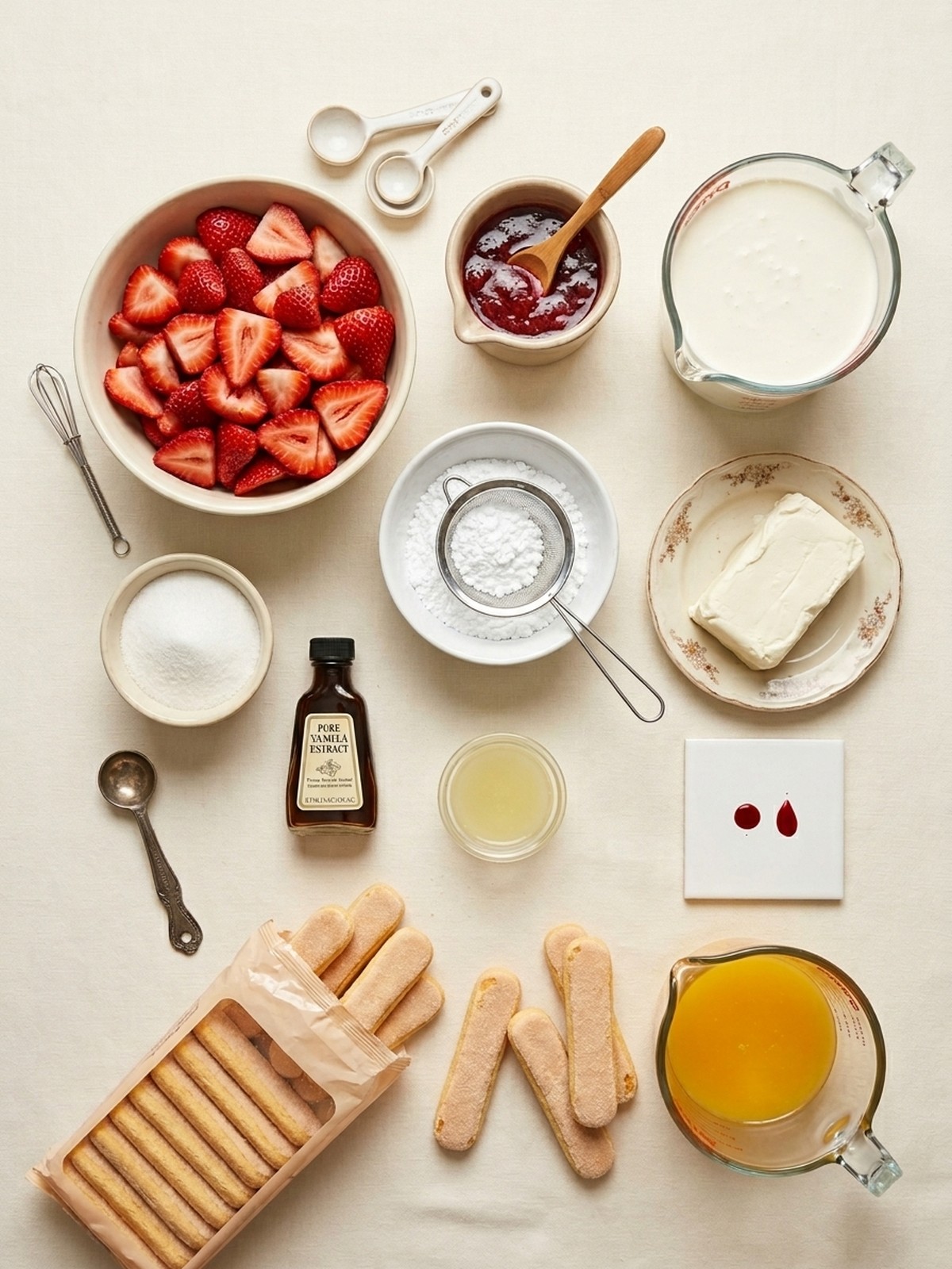 Strawberry Shortcake Tiramisu ingredients with fresh strawberries ladyfingers and cream filling