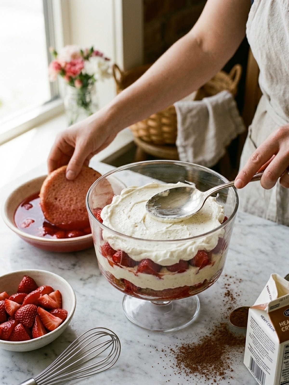 Step by step layering of Strawberry Shortcake Tiramisu with ladyfingers cream and strawberries