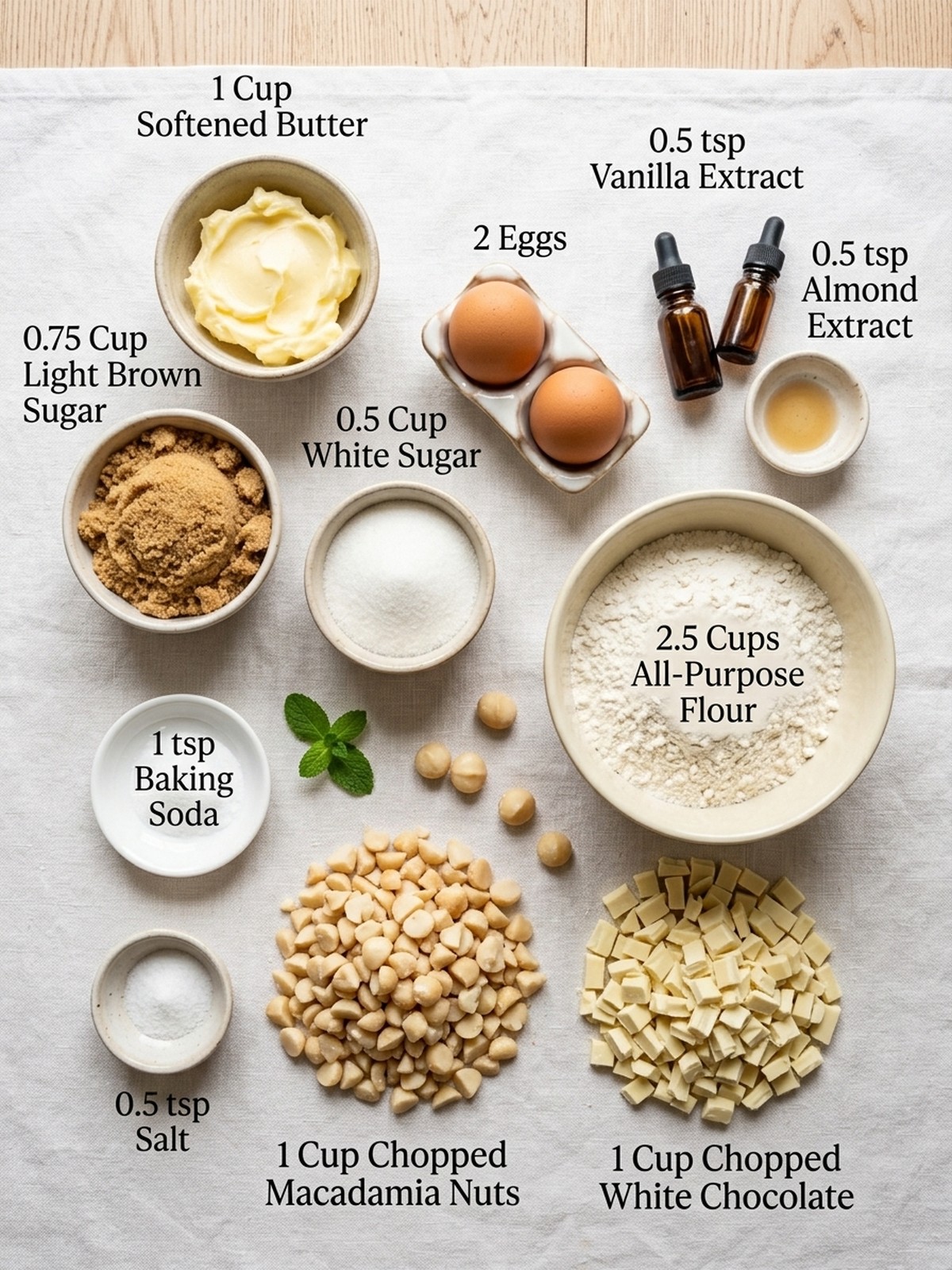 White Chocolate Macadamia Nut Cookies ingredients with chopped macadamia nuts and white chocolate for baking