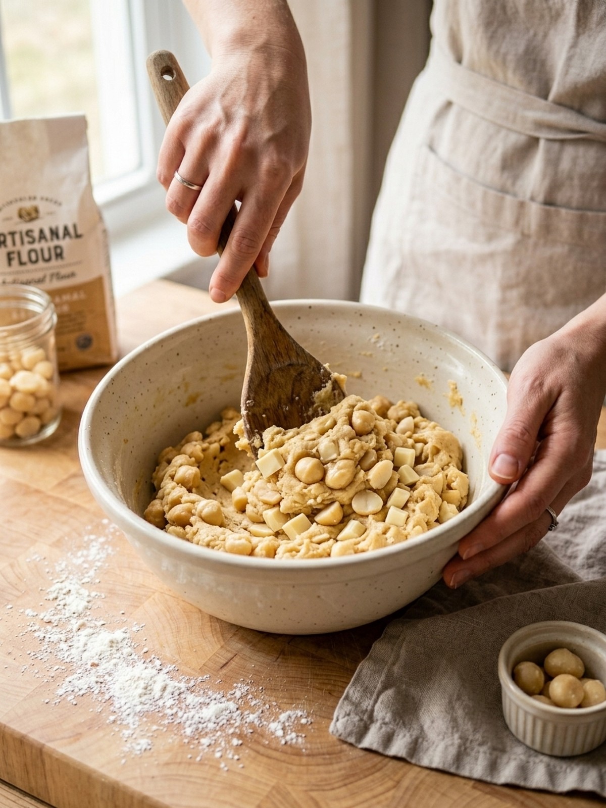 Step by step preparation of White Chocolate Macadamia Nut Cookies with cookie dough scoops and baked cookies