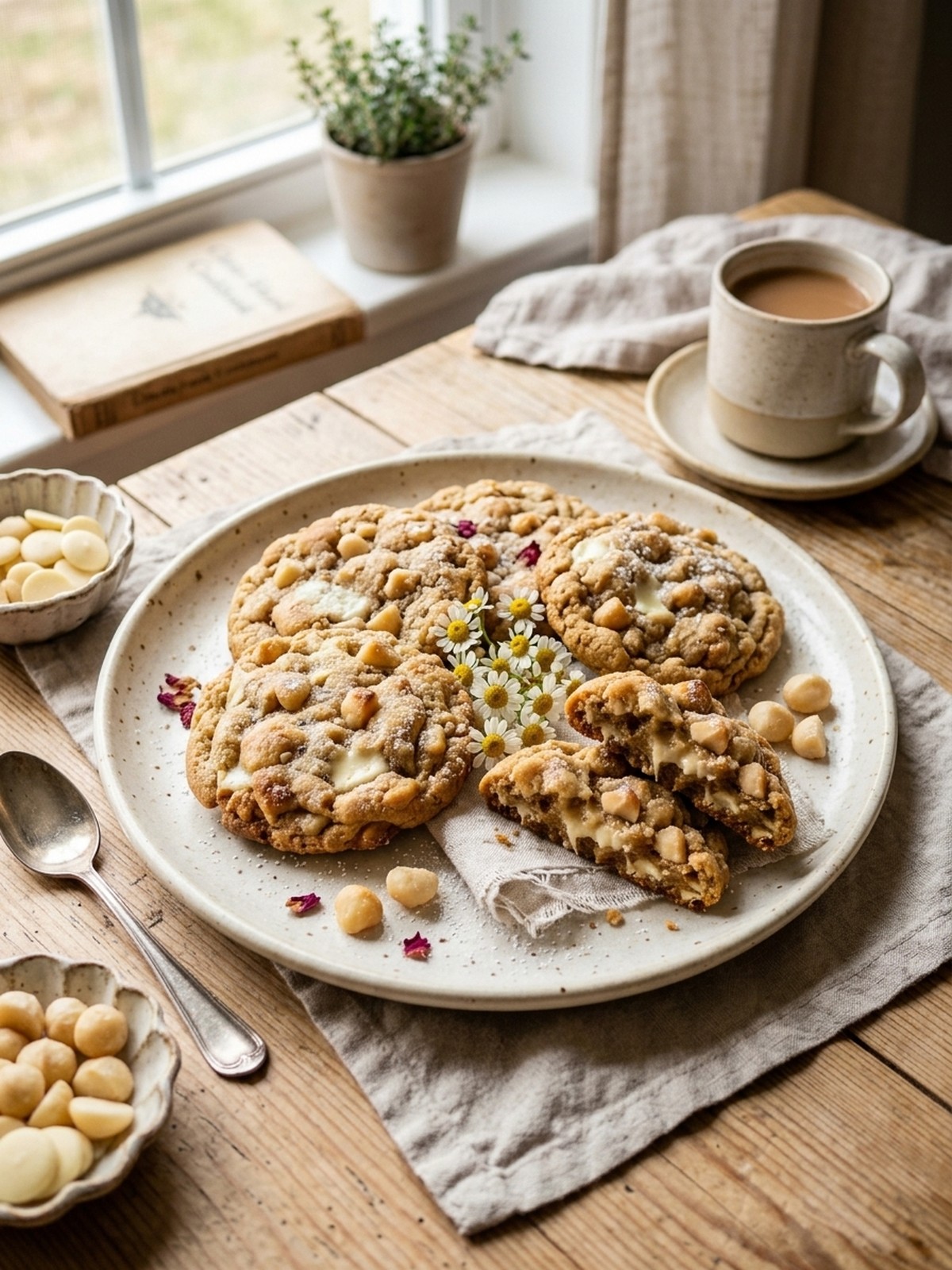 Serving and variation ideas for White Chocolate Macadamia Nut Cookies on a dessert plate